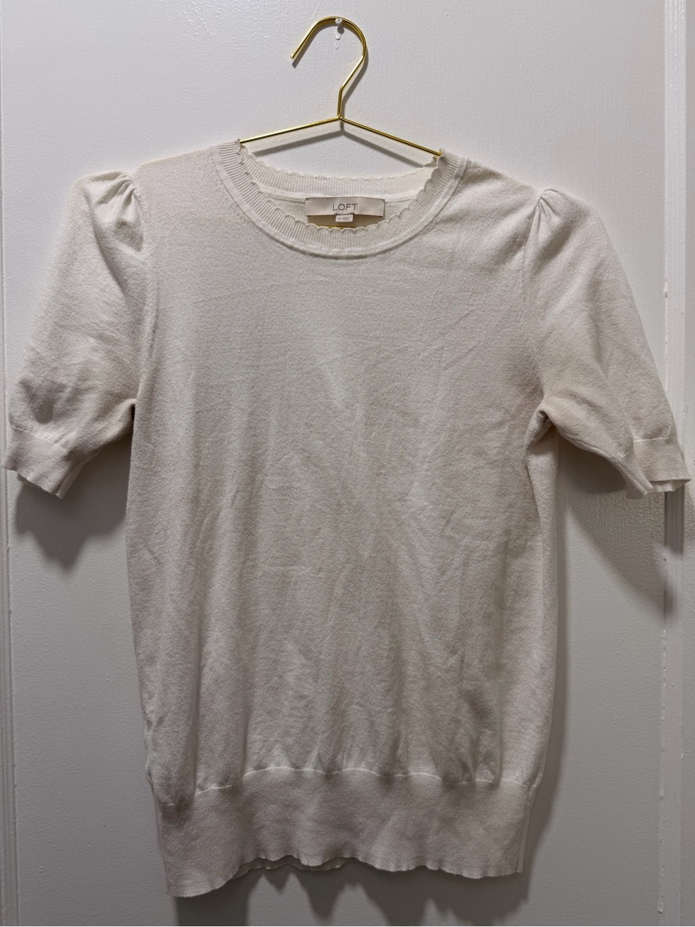 LOFT Cream Short-Sleeve Crewneck Sweater